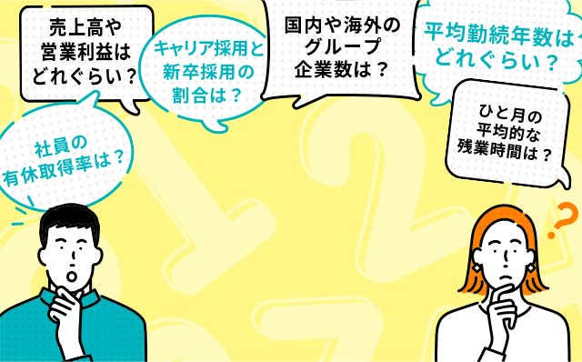 国内や海外の グループ 企業数は？ キャリア採用と新卒採用の割合は？ひと月の平均的な残業時間は？売上高や営業利益はどれぐらい？平均勤続年数はどれぐらい？社員の有休取得率は？